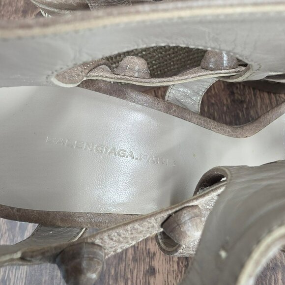 Balenciaga Arena Espadrille Wedges Sandals 10 Taupe Grey Studded Leather Raffia - Picture 3 of 16